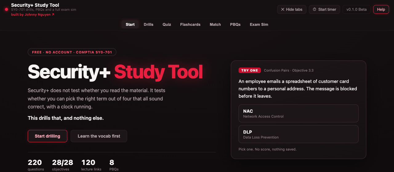 The Security+ Study Tool, showing its Confusion Pairs drill and exam objective coverage